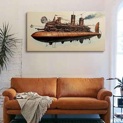 Miniatura 6 de Framed Vintage Mechanical Airship Wall Art Retro Industrial Metal Canvas Print Steampunk Style Fantasy Machine Illustration Artwork for Living Room
