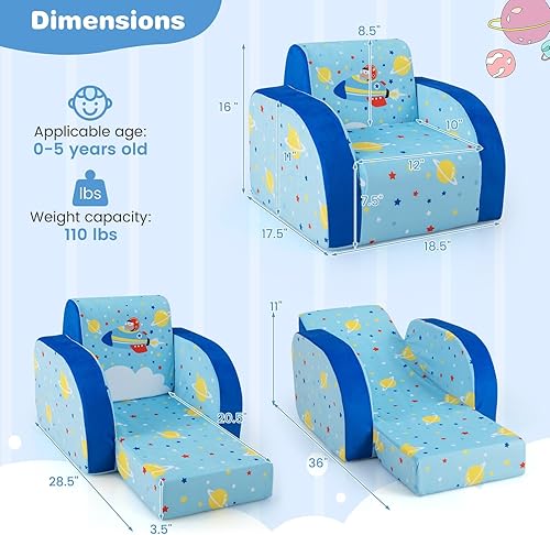 Miniatura 3 de Costzon Sofá para niños, sofá convertible 3 en 1 para niños con asiento acolchado de espuma, reposabrazos para siesta, sofá plegable para niños,
