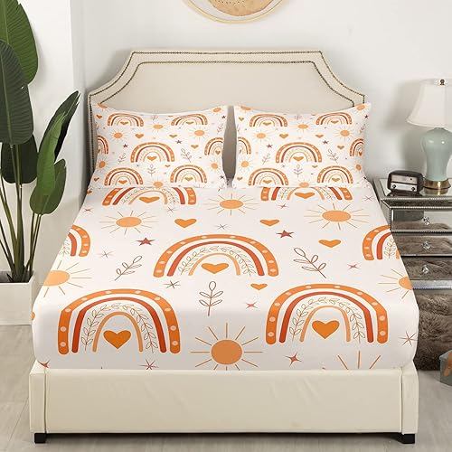 Miniatura 7 de Juego de ropa de cama Kawaii para niñas y niños, tamaño individual, diseño de arco iris, luna, estrellas, sábana bajera ajustable con diseño de