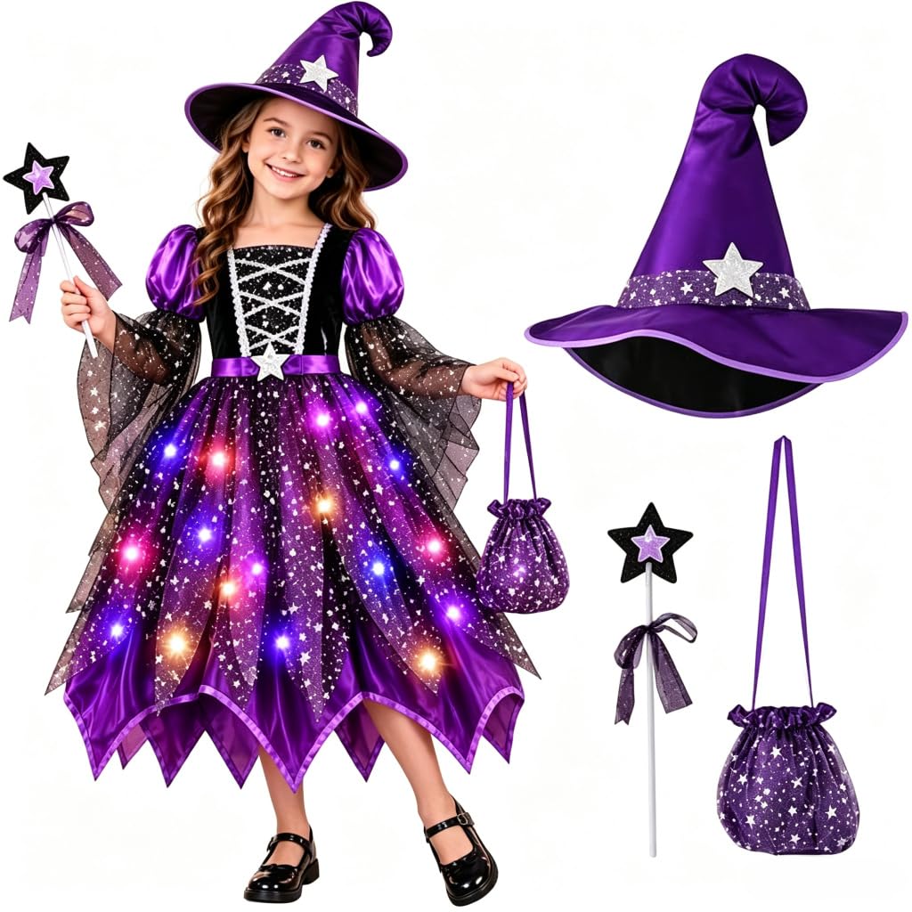 Witch Costume Kids Girls Witch Costume Set Light up Halloween Cosplay Dress