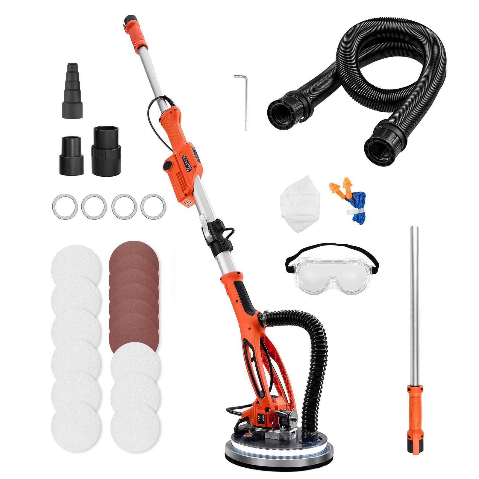VEVOR Levigatrice Cartongesso per Pareti a Disco, Levigatrice Elettrica per Cartongesso da 950 W, 7 Velocità Regolabili 1000-2300 giri/min, Luce LED, Manico Pieghevole Estensibile 15 Dischi Abrasivi