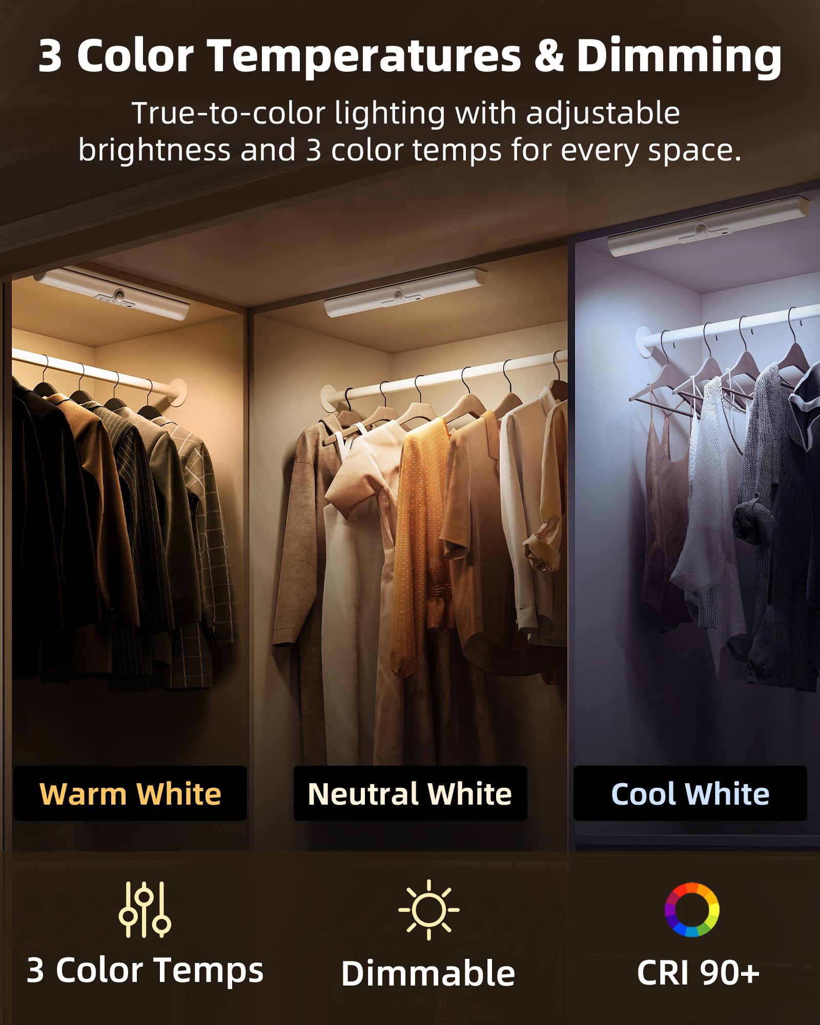 EZVALO 33cm Kleiderschrank Beleuchtung Kabellos mit Bewegungssensor, 1800mAh Wiederaufladbar Led Schrankbeleuchtung, 3 Lichtfarben & Dimmbare für Badezimmer, Spiegel, Garderobe, 1 pack
