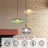 HJXDtech Ipari Vintage Függőlámpa - Modern Retro Üveg Mennyezeti Lámpa Zöld Színben, Polírozott Réz Foglalattal, Állítható Magasságú, 40W 3