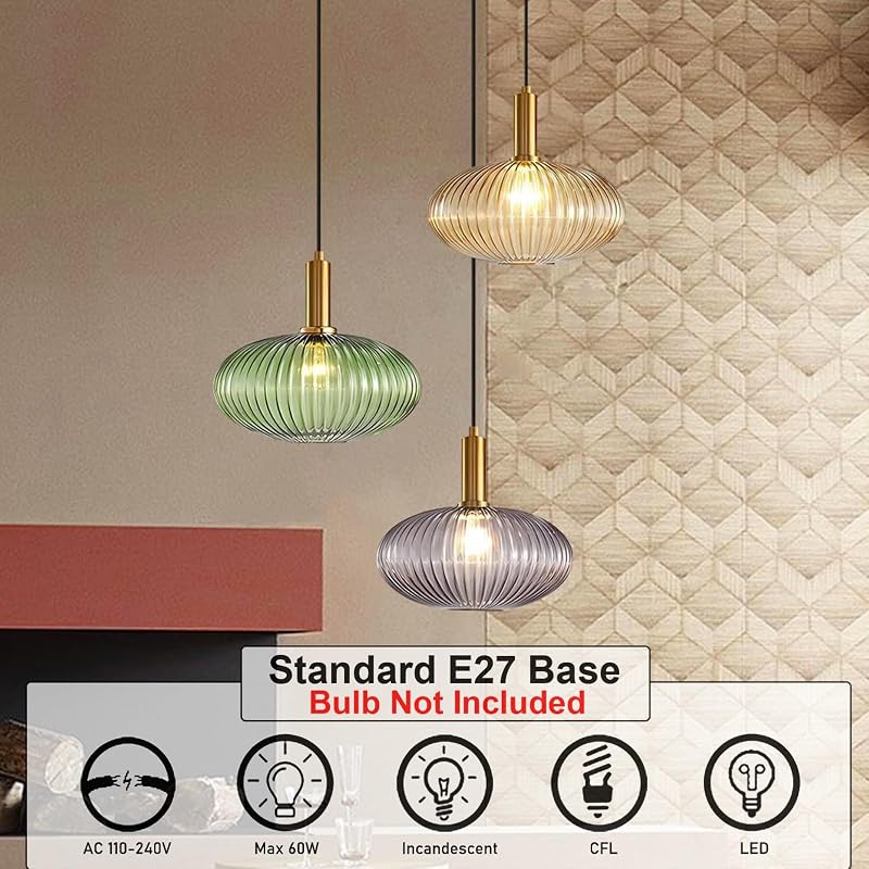 HJXDtech Ipari Vintage Függőlámpa - Modern Retro Üveg Mennyezeti Lámpa Zöld Színben, Polírozott Réz Foglalattal, Állítható Magasságú, 40W