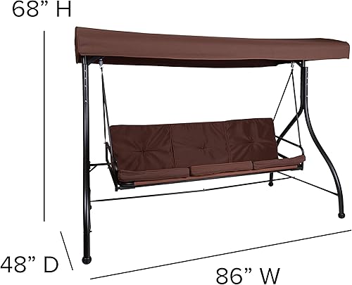 Miniatura 5 de BizChair Hamaca de toldo de columpio de patio de conversión de acero al aire libre de 3 asientos con cojinescama de columpio al aire libre (marrón)