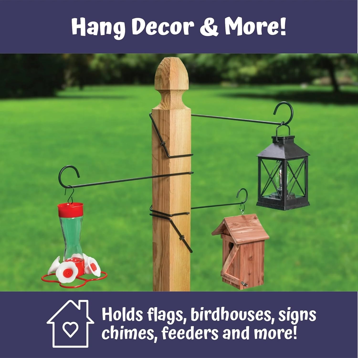 What D Hook – Garden Display Hook for Feeders, Chimes & Lanterns – No-Tool Slip-On Hook for Square Posts – Rustproof, Heavy-Duty Outdoor Bracket – Made in The USA (3 1/2")