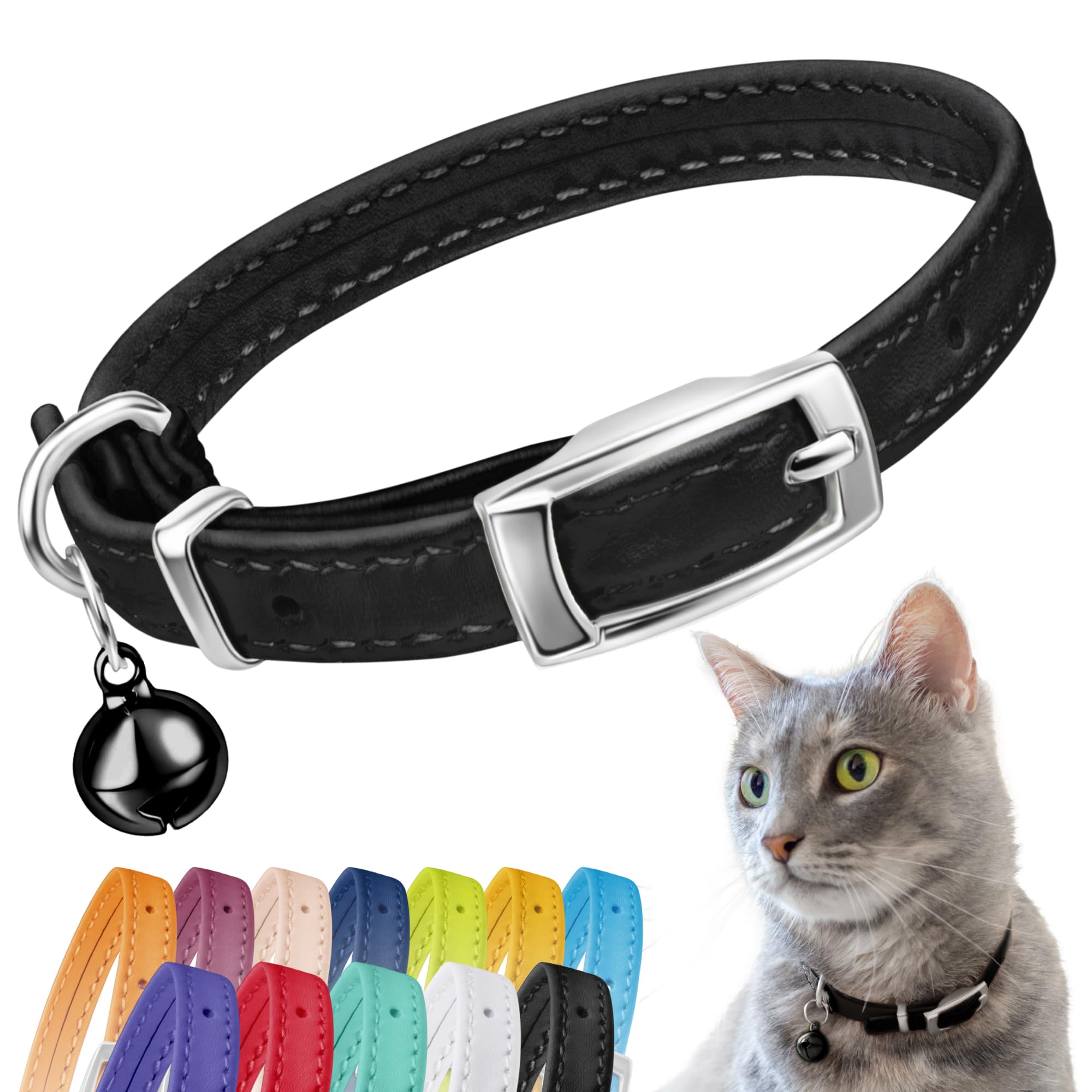 CollarDirect Leather Cat Collar with Bell - Kitten Collar, Small and Big Cat Collar for Boy Cats, Girl Cats with Safety Elastic Strap (Neck Fit 8"-11", Black)