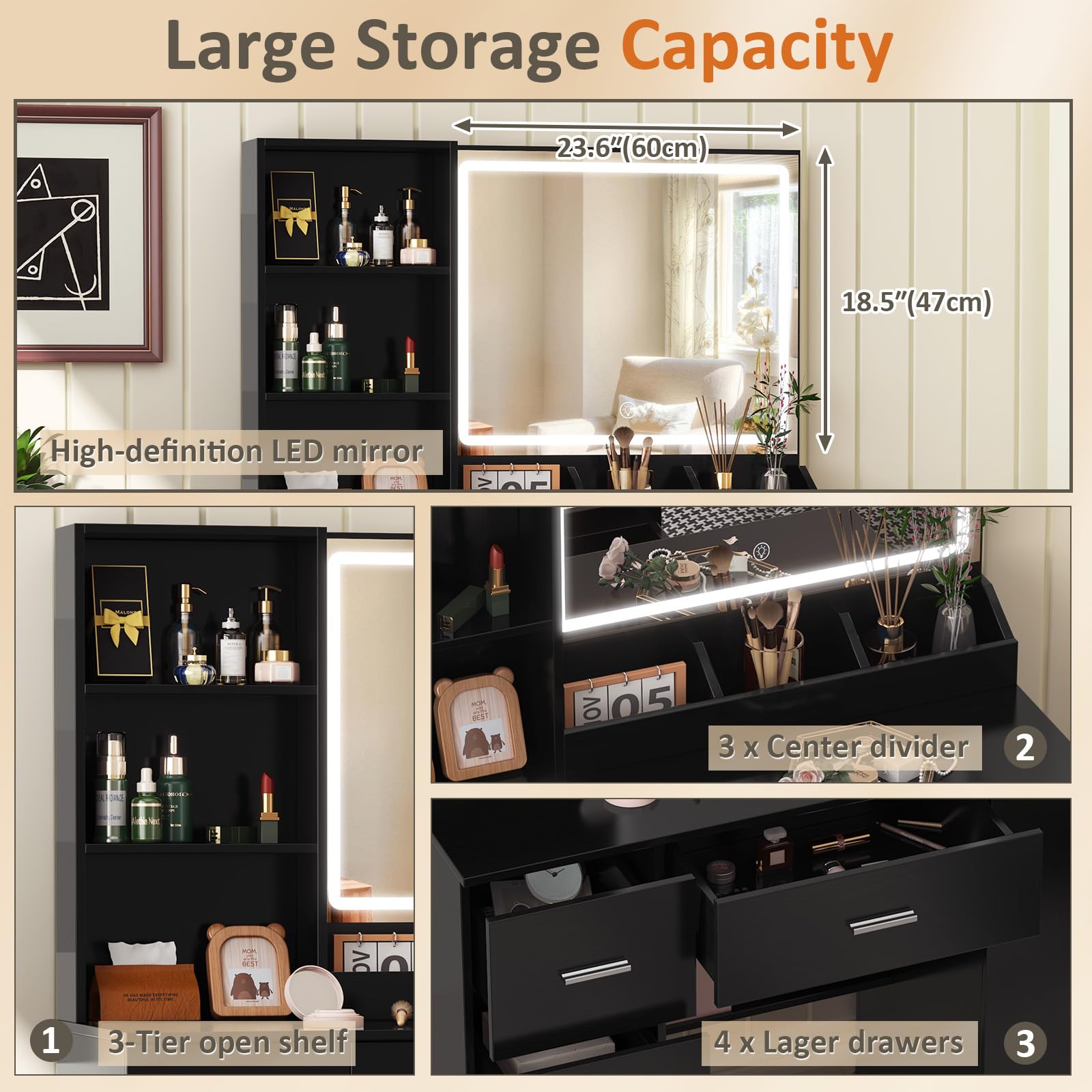 Toeletta Trucco con Specchio Luci LED, 4 Cassetti 6 Ripiani e Mobile Laterale, Postazione Trucco, Nero Scrivania Trucco 80 cm