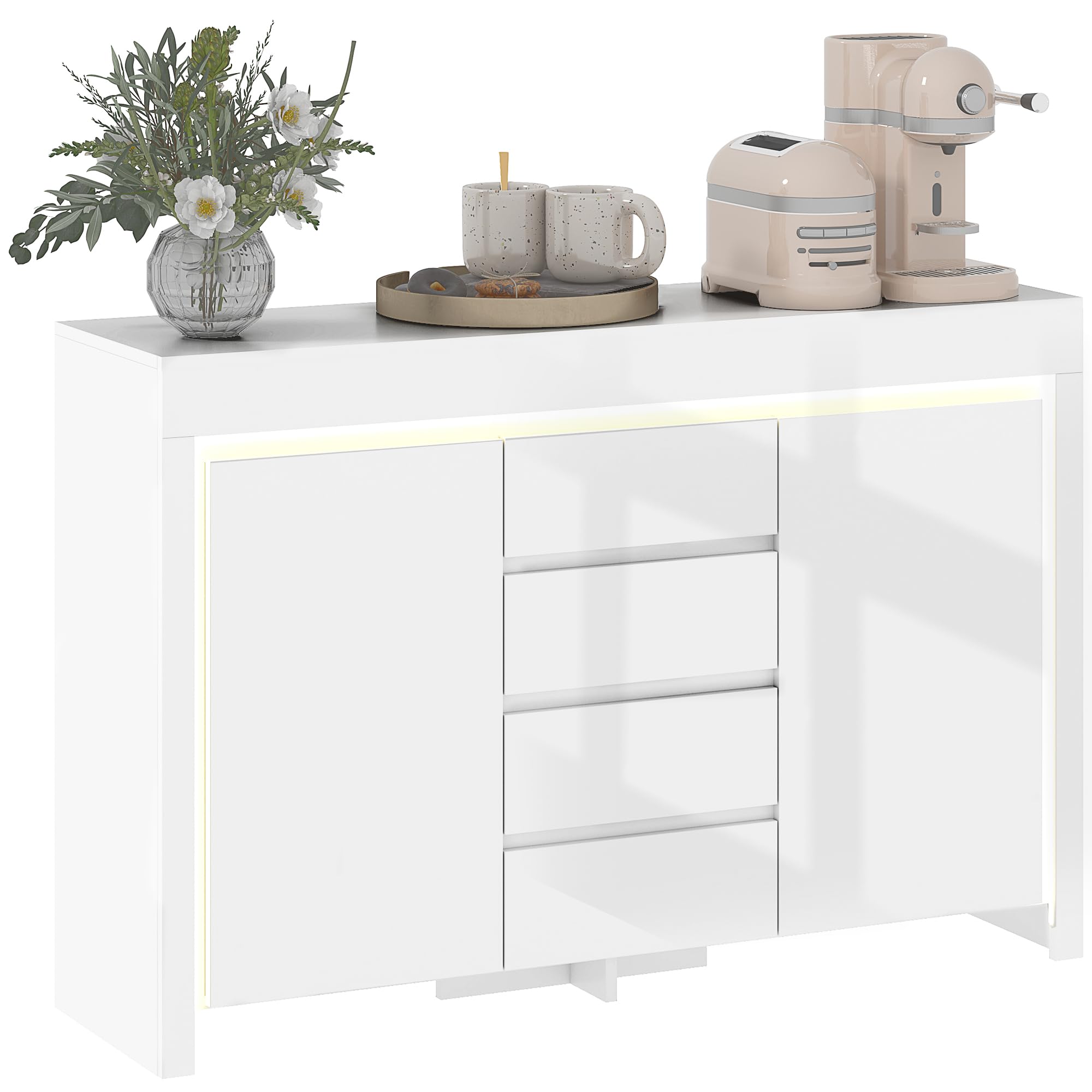 HOMCOM Aparador con Luces LED con 4 Cajones 120x34x80 cm Blanco Brillo
