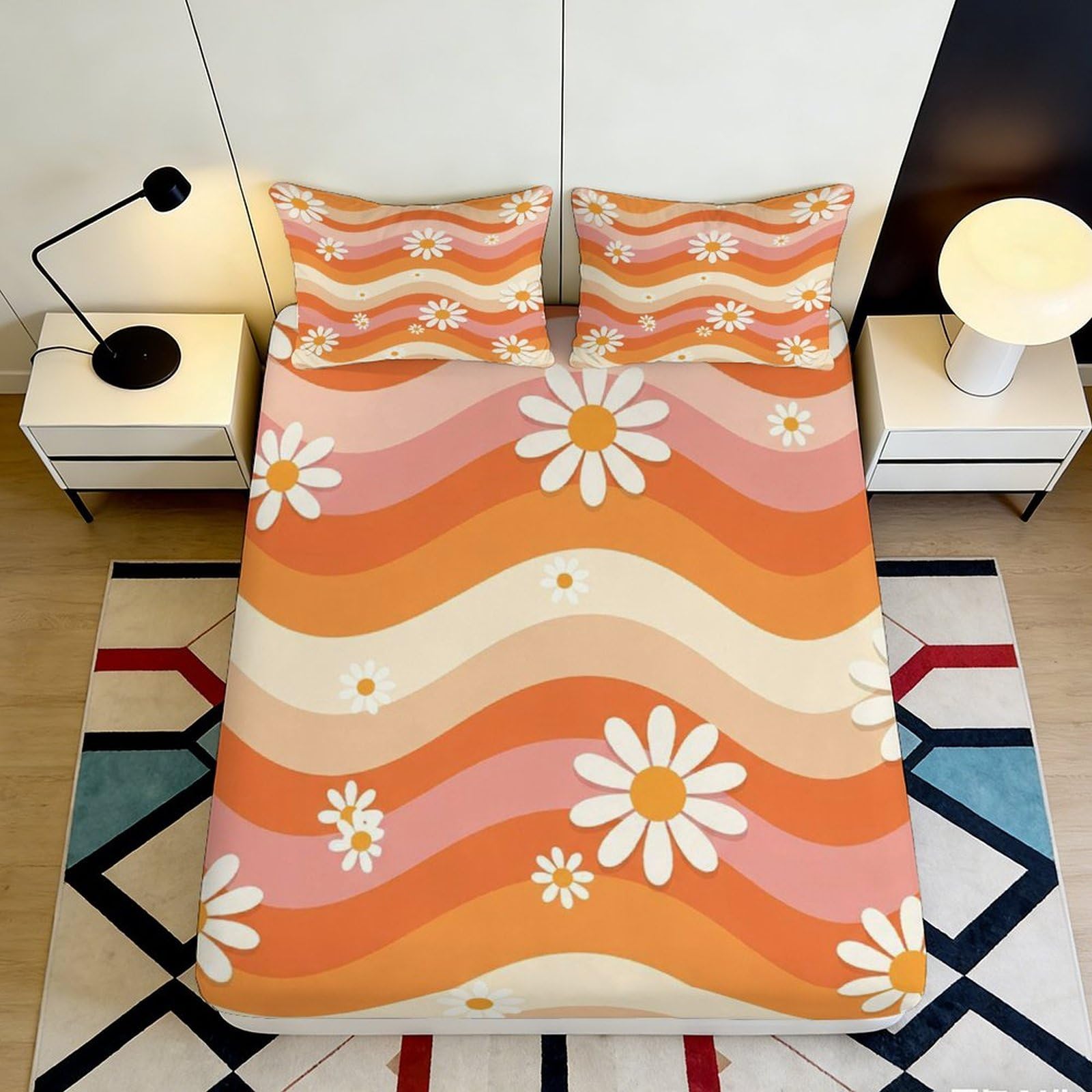 3D Printed Retro Wave Fitted Sheet Microfiber Orange Daisy Bed Cover for Bedroom Guest Room Mattress Protection Decor 90x200x25cm