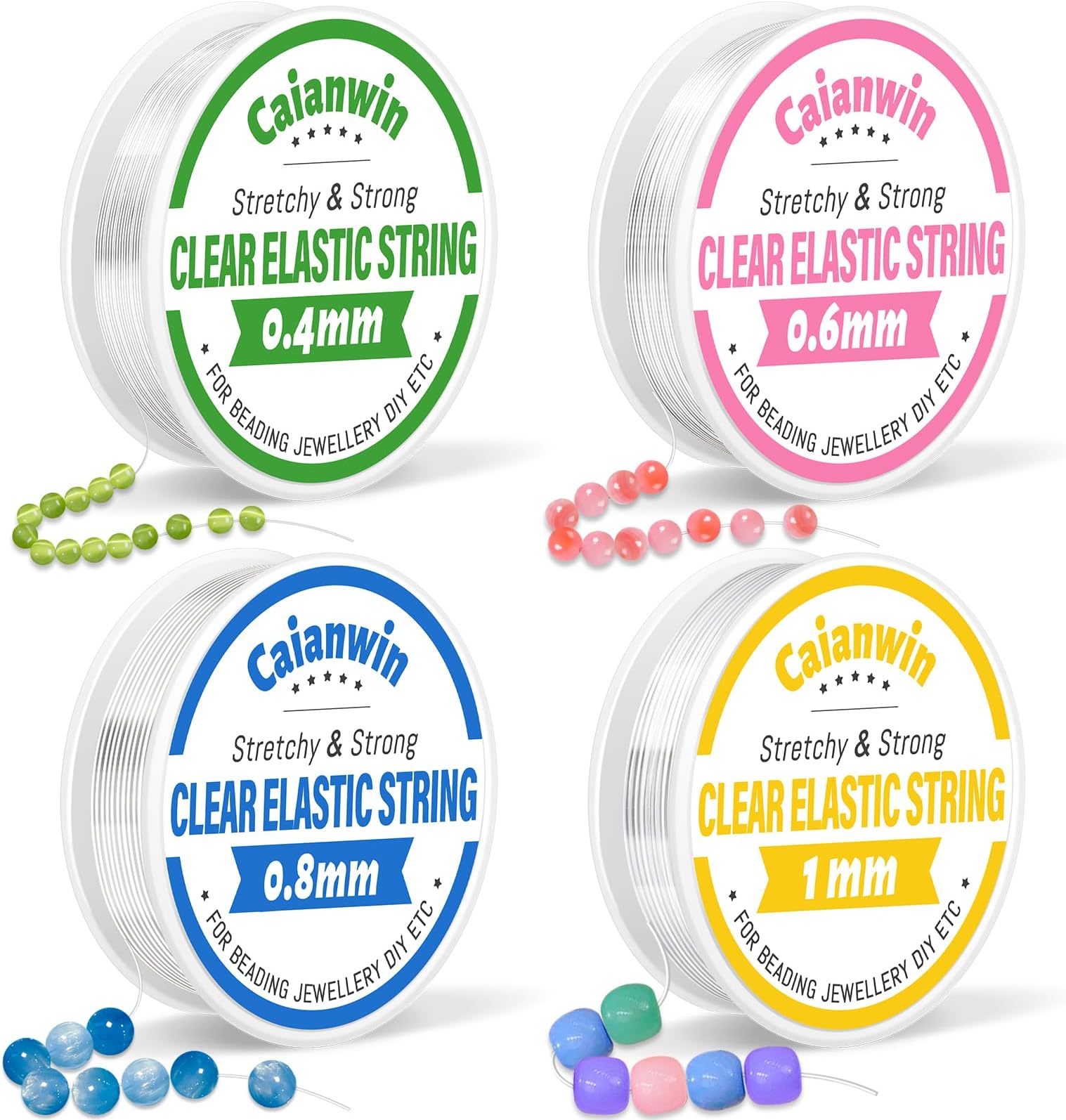 Caianwin Bracelet String Kit 0.4mm 0.6mm 0.8mm 1mm Clear String Elastic Thread for Jewellery Making Necklace Bracelet Beading Thread & DIY Craft Projects Strings