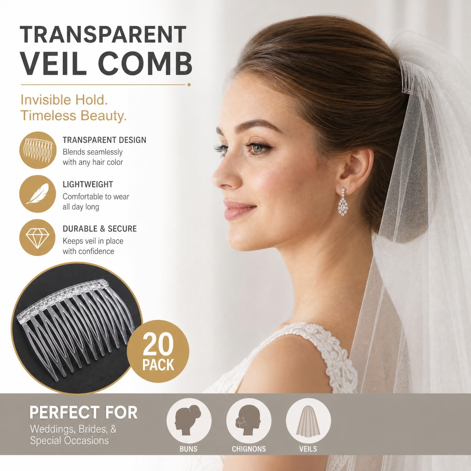 Lawie 20 Pack Clear Small Plastic Hair Side Comb With Long Teeth Thin Fine Gray Hair Pins White Mini Barrettes for Women Bridal Wedding Veil Decorative DIY Craft Headpiece French Twist Bun Accessories image 4
