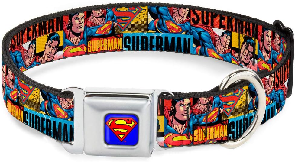 Buckle-Down Seatbelt Buckle Dog Collar - SUPERMAN Action Blocks Red/Blue - 1" Wide - Fits 15-26" Neck - Large