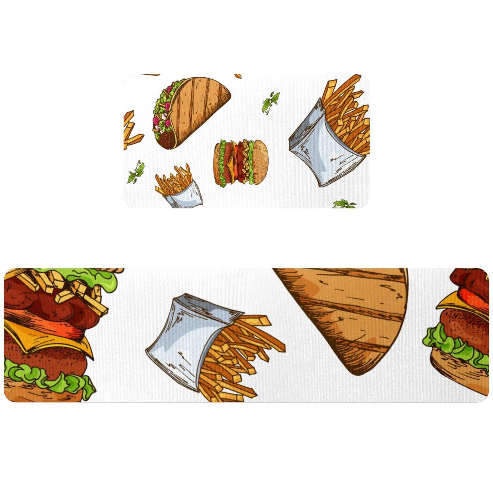 Tapis de cuisine Fast Food lavable au motif ludique de hamburgers et frites