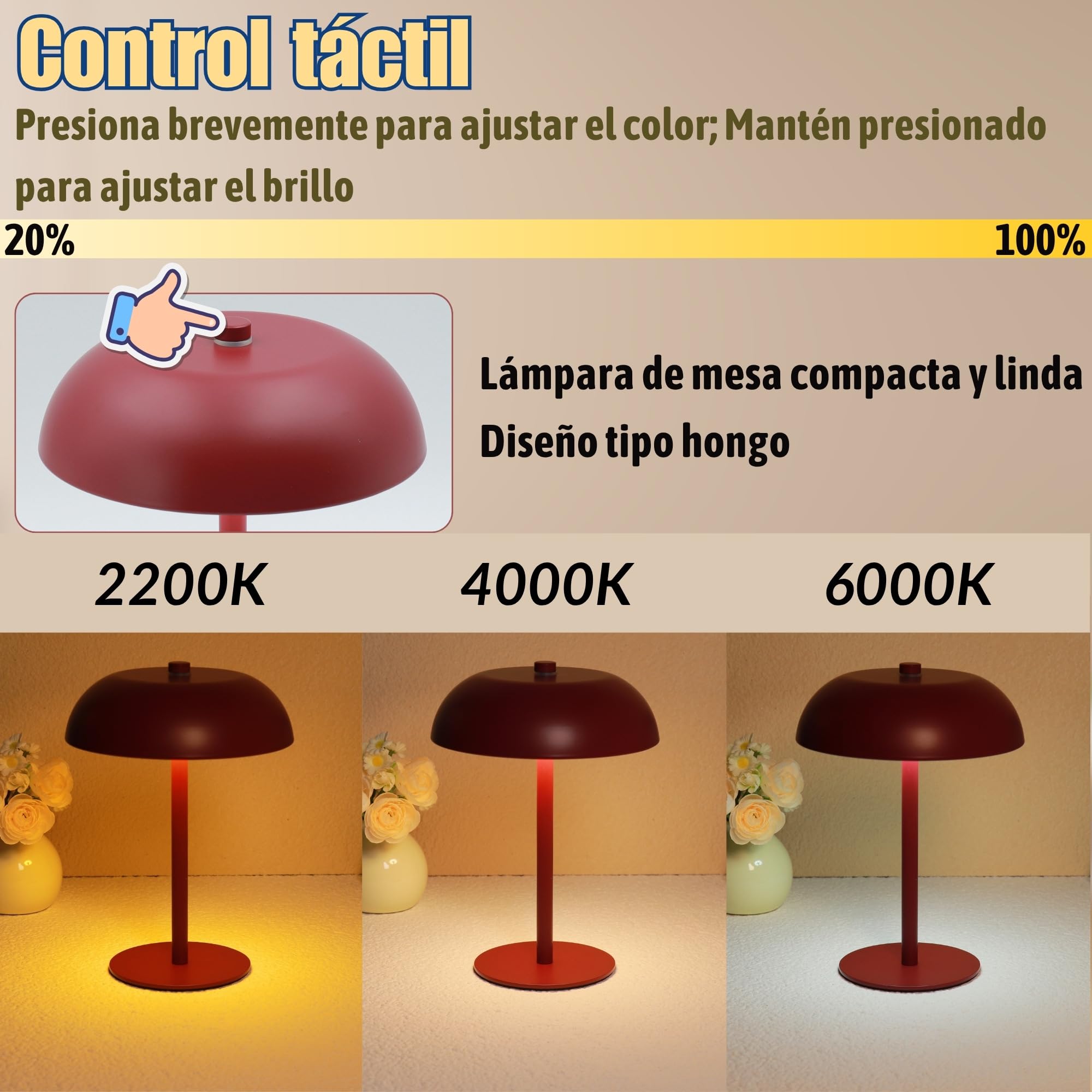 Lampada da tavolo a fungo a LED, batteria 5200 mAh, dimmerabile, 3 colori