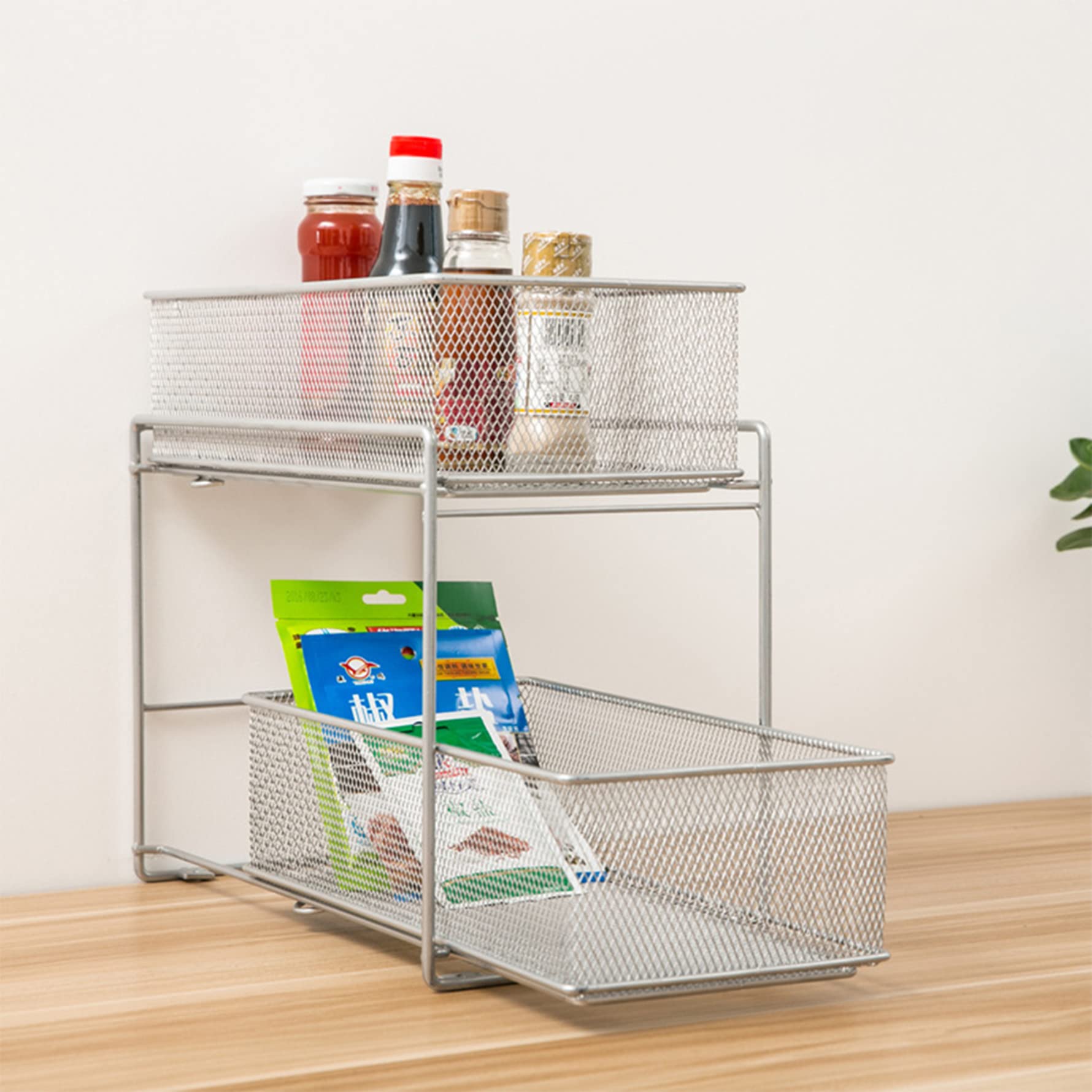 Organiseur Armoire 2 Niveaux HUOLA | Paniers Coulissants Amovibles | Rangement Cuisine/Salle De Bain - Argenté