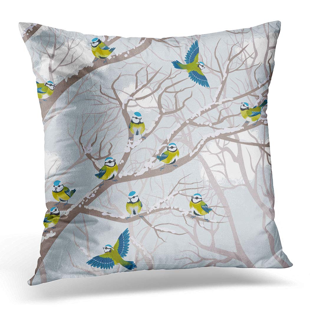 Awowee Cushion Cover 45x45cm/18x18inches Bird Flock of Blue Tits Perching on Branches Trees Home Decor Throw Pillow Cover Square Pillowcase for Bed Sofa