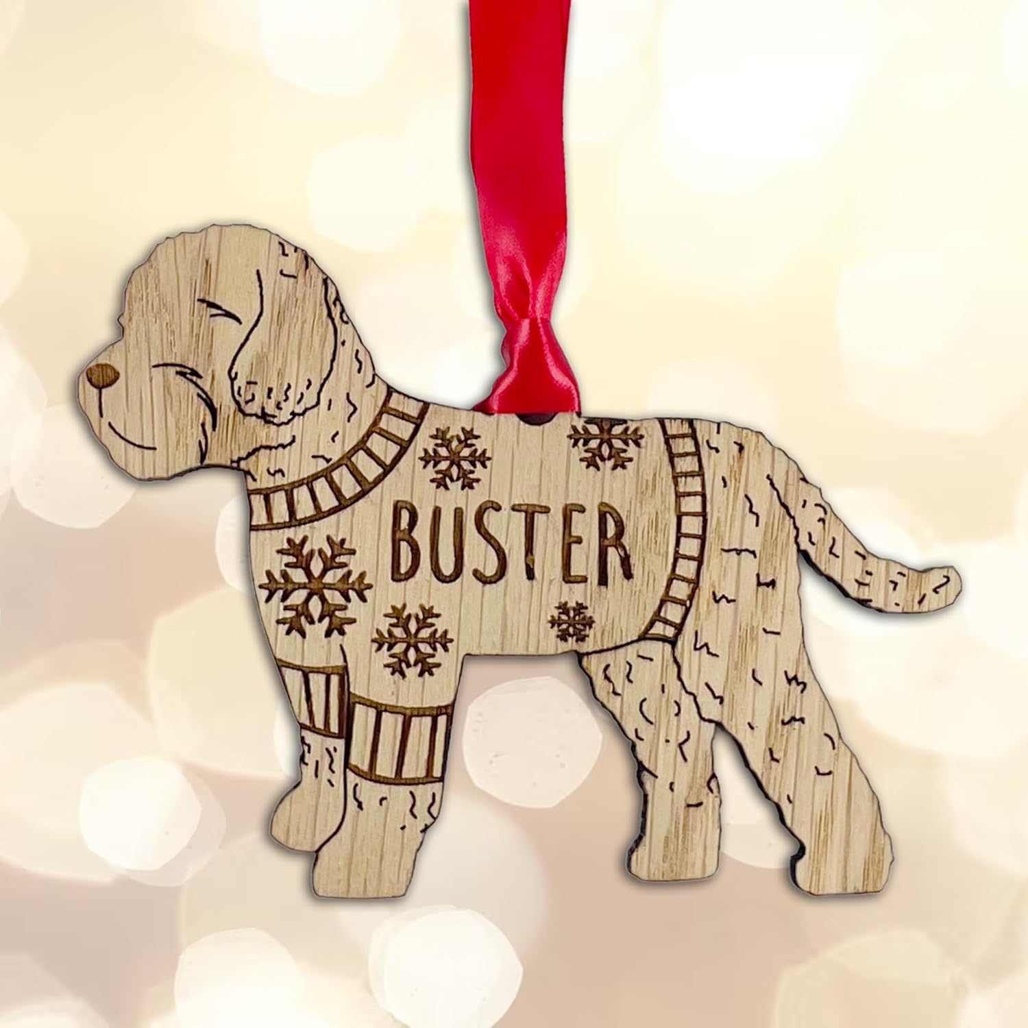 Personalised Cockapoo Dog Christmas Tree Bauble Decoration, Wearing a Dog Jumper Design with Snowflakes, Customised Puppy Hanging Ornament, Oak Veneer Wood with Red Ribbon