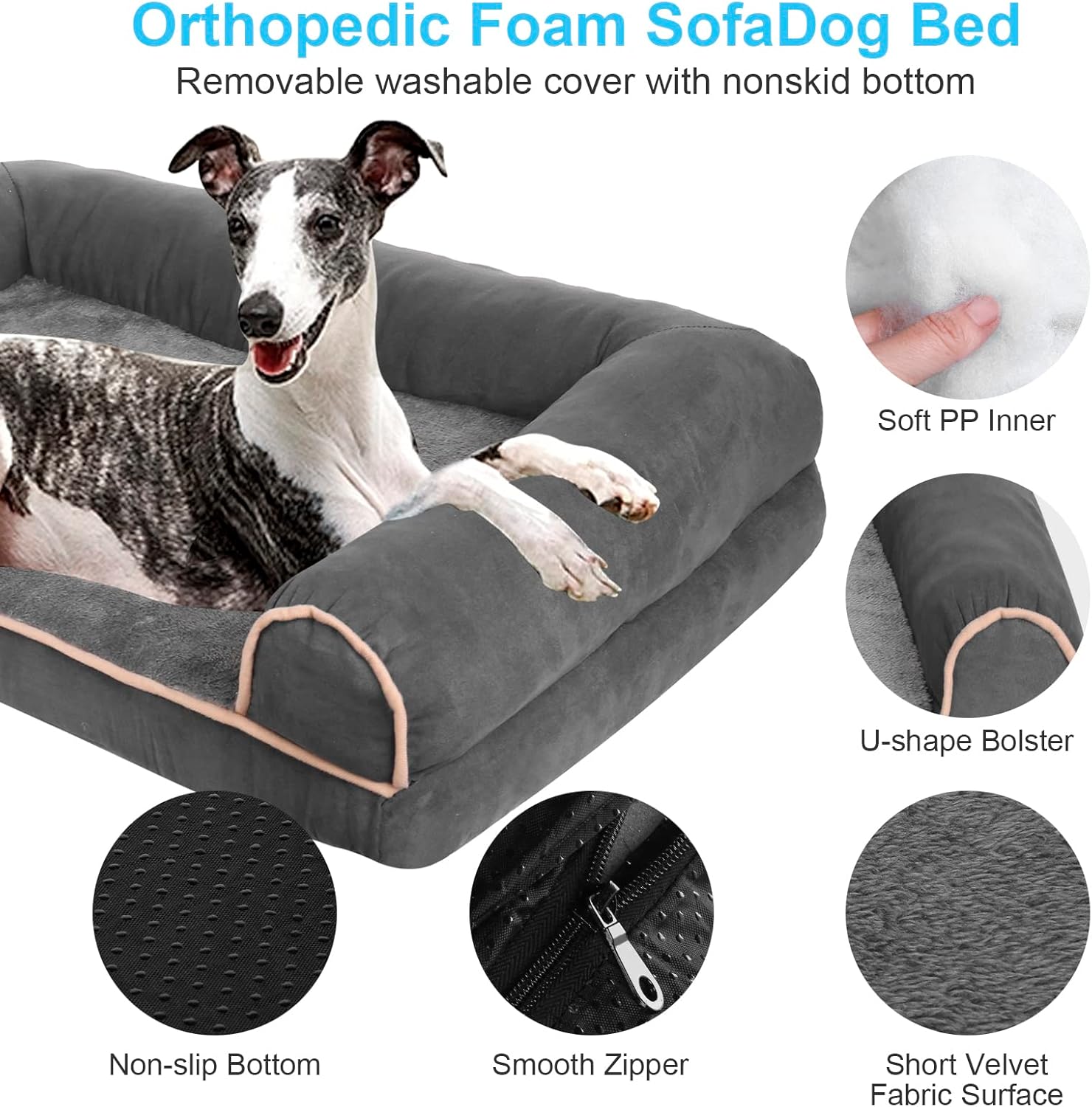 review Bolster Dog Bed, Washable Orthopedic Dog Bed, Egg-Crate Foam Sofa Dog Mat with 3 Sides, Non-Slip Bottom Dog Couch Bed with Removable Cover for Medium Large Pet Dog (Medium, Khaki)