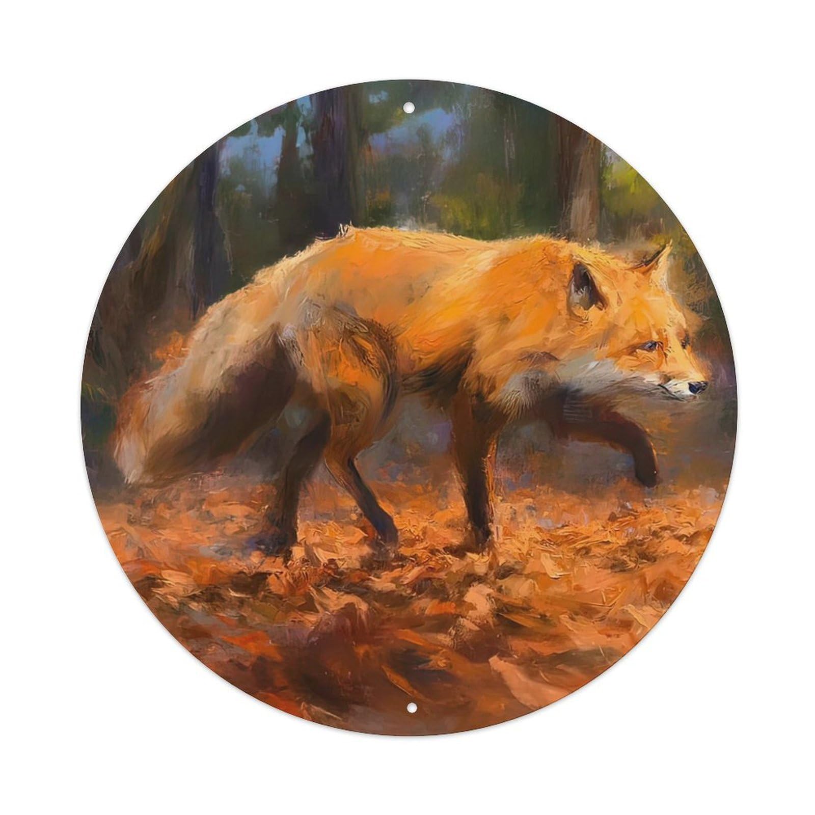 Animal Artwork Poster Cunning of Fox Vintage Metal Tin Sign Plaque Wall Decor for Cafe, Club, Garden Round Metal Poster 8x8Inch