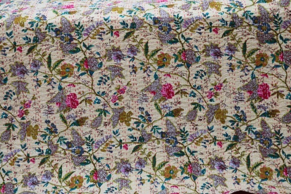 Crafts creation White Multicolor Paradise Floral Print Queen Size Kantha Quilt, Kantha Blanket, Bed Cover, Queen Kantha Bedspread, Bohemian Bedding Kantha Size 90 Inch x 108 Inch (Queen)