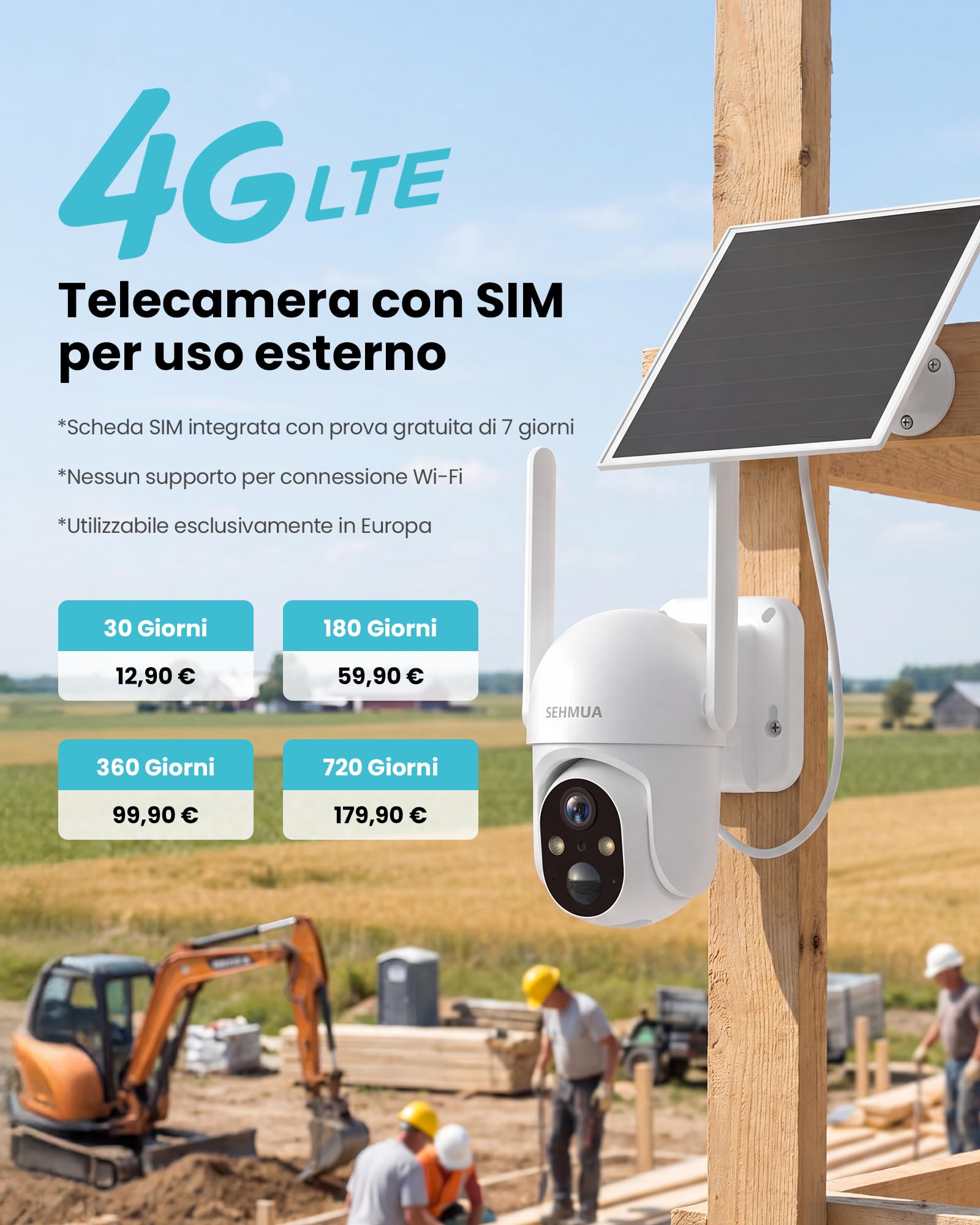 SEHMUA Telecamera con SIM 4G da Esterno con Pannello Solare senza Fili 24/7 | AOV Telecamera con Pannello Solare 7W, Rilevamento AI, Batteria 10400mAh, Visione Notturna a Colori, Audio Bidirezionale-eSIM