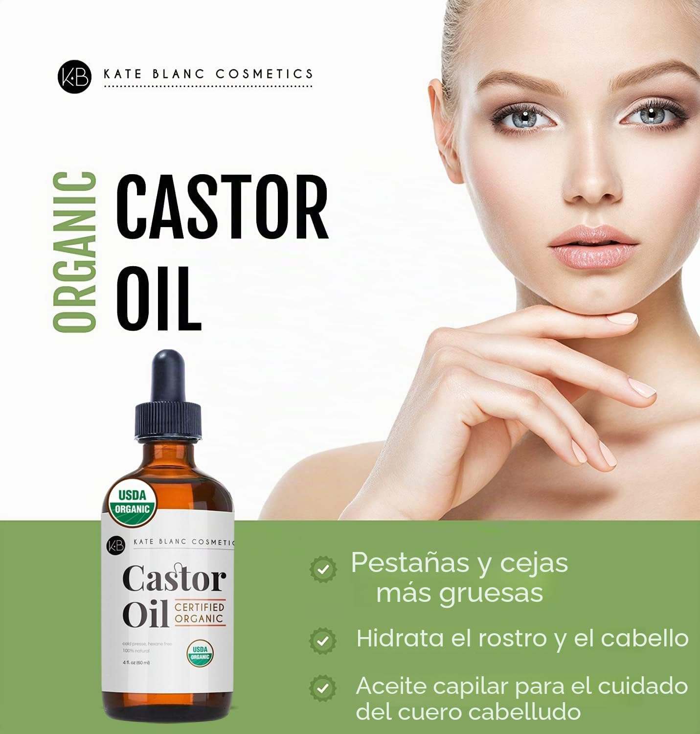 Kate Blanc Cosmetics Aceite de ricino orgánico (4 onzas), 100 % puro, prensado en frío, sin hexano. Aceite natural para cabello, pestañas, cejas. Hidratante de piel con kit de iniciación