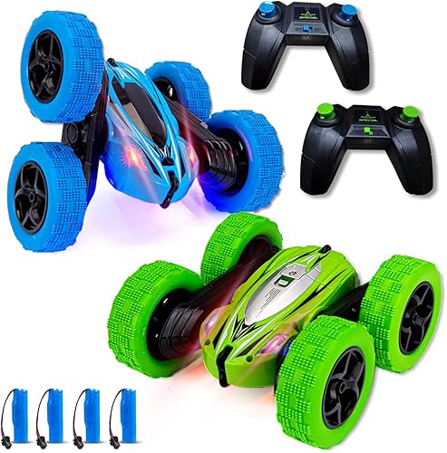 Paquete de 2 autos de control remoto autos de acrobacias RC para niños 4WD 24Ghz de doble cara giratorio de 360 para niños 4 baterías recargables