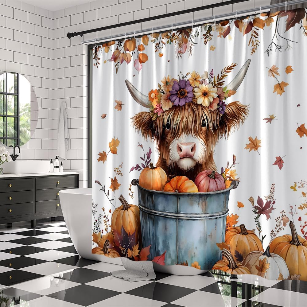 Fall Highland Cow Shower Curtain Funny Cattle Autumn Pumpkin Maple Leaves Sunflower Farmhouse Animal Thanksgiving Harvest Watercolor Plant Fabric Bathroom Decor Curtains with Hooks,70 x 80