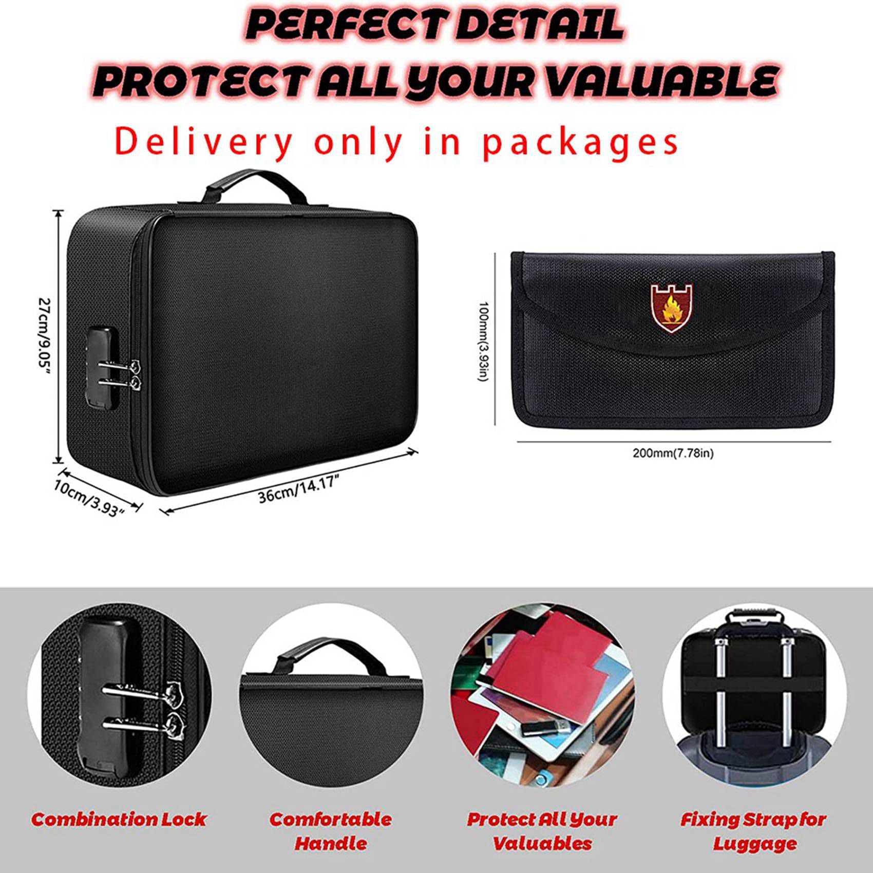 2 bolsas organizadoras de archivos ignífugas, caja de documentos ignífuga e impermeable con bolsa de dinero, bolsa segura ignífuga con cerradura