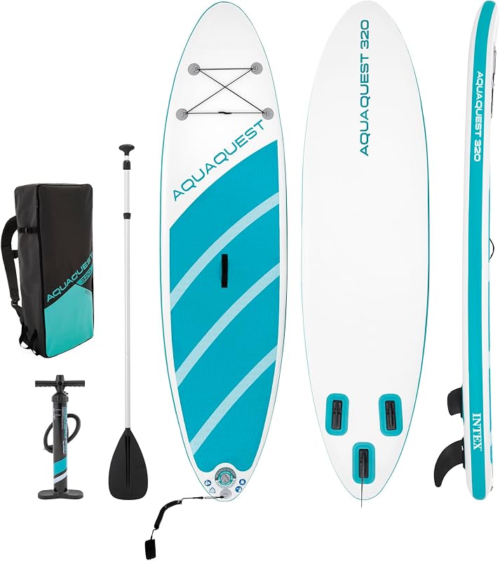 INTEX AquaQuest Inflatable Paddle Board Series: Includes Adjustable Paddle and High Pressure Pump – Tri-Fin Design – Slip-Resistant EVA Pad – Storage Rope – Drop Stitch Core