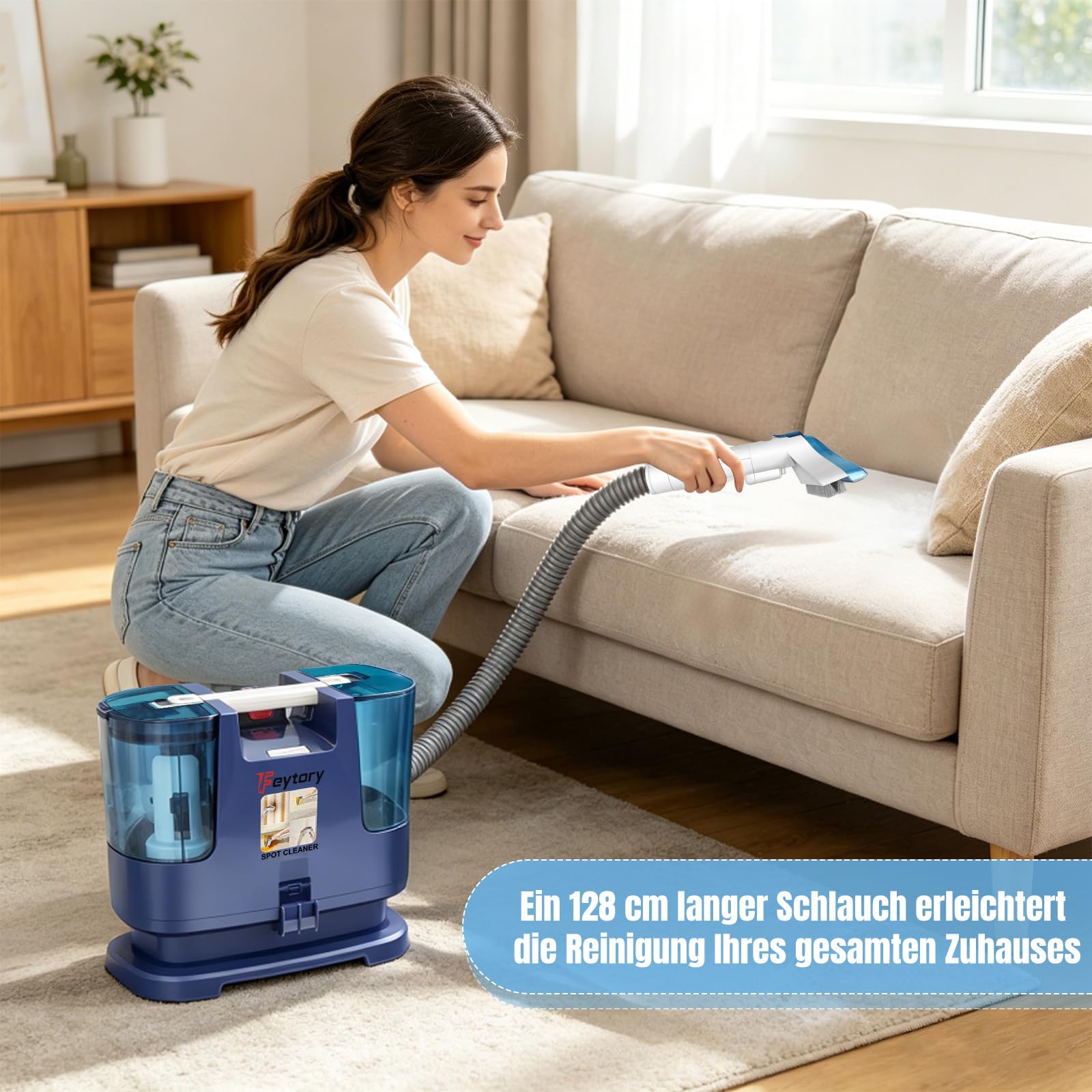 Akku Spot Cleaner, 3-in-1 Teppichreiniger mit 2 x 21V Akku, 600ml Frisch-/Abwassertank, Tragbarer Polsterreiniger für Sofa, Teppich, Matratze, Autositze, Tierhaare & Flecken