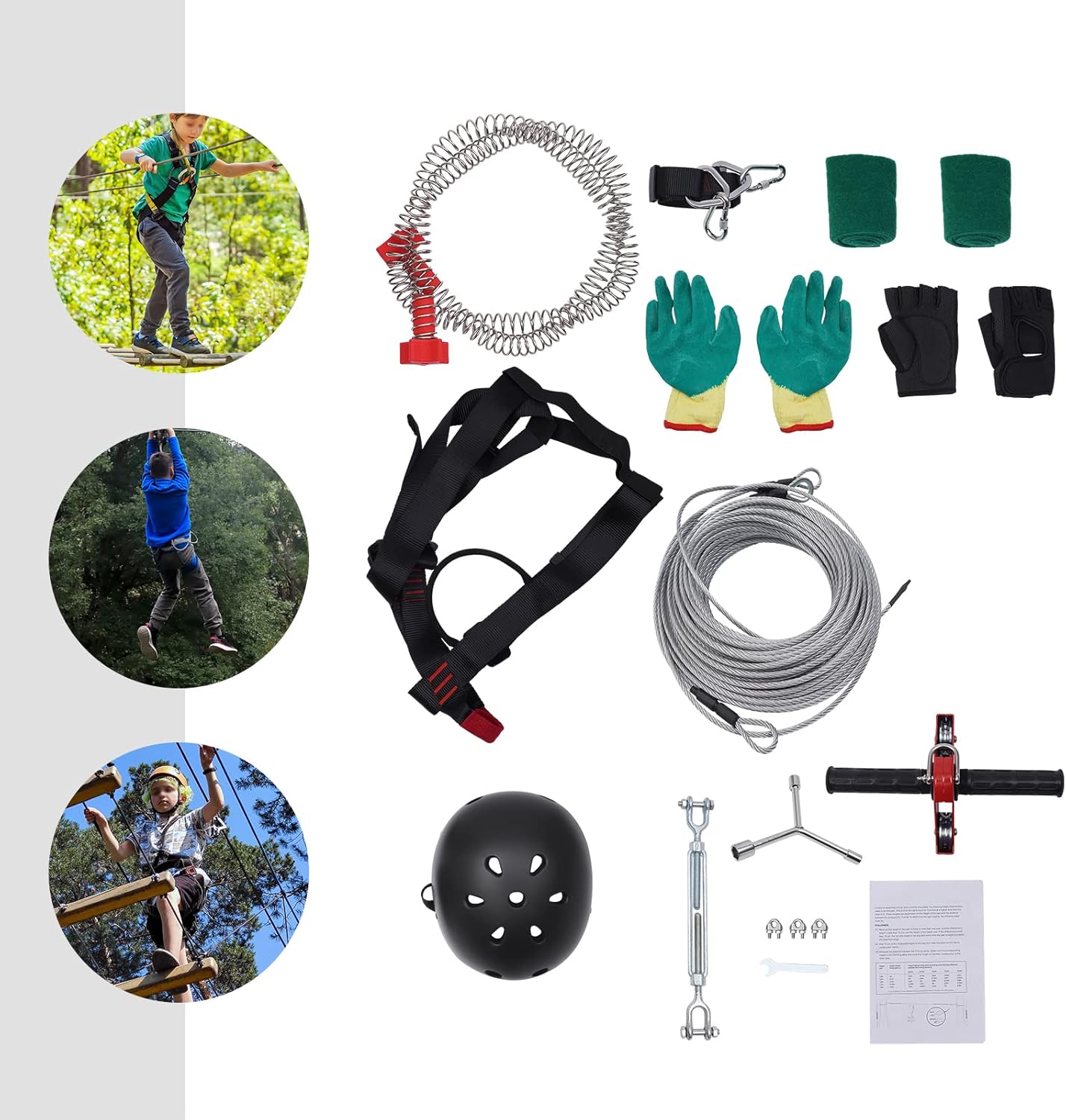 120FT Zip line Kit with Stainless Steel Spring Brake,Included Swing Seat,Iron Trolley and Adjtable Safety Belt,(Black,Silver,Red)for Outdoor Playground Entertainment Equipment,17.12*11.81*10.82in