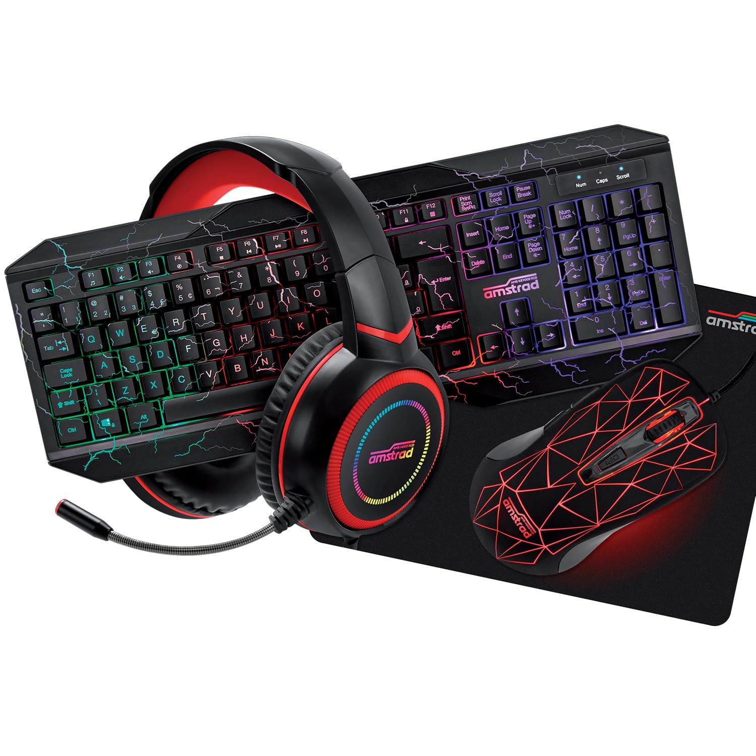 Pack Pro Gamer AMSTRAD Hunters 5 Piezas: Teclado, Ratón y Alfombra, Auriculares y Adaptador. Retroiluminación RGB. AZERTY & USB