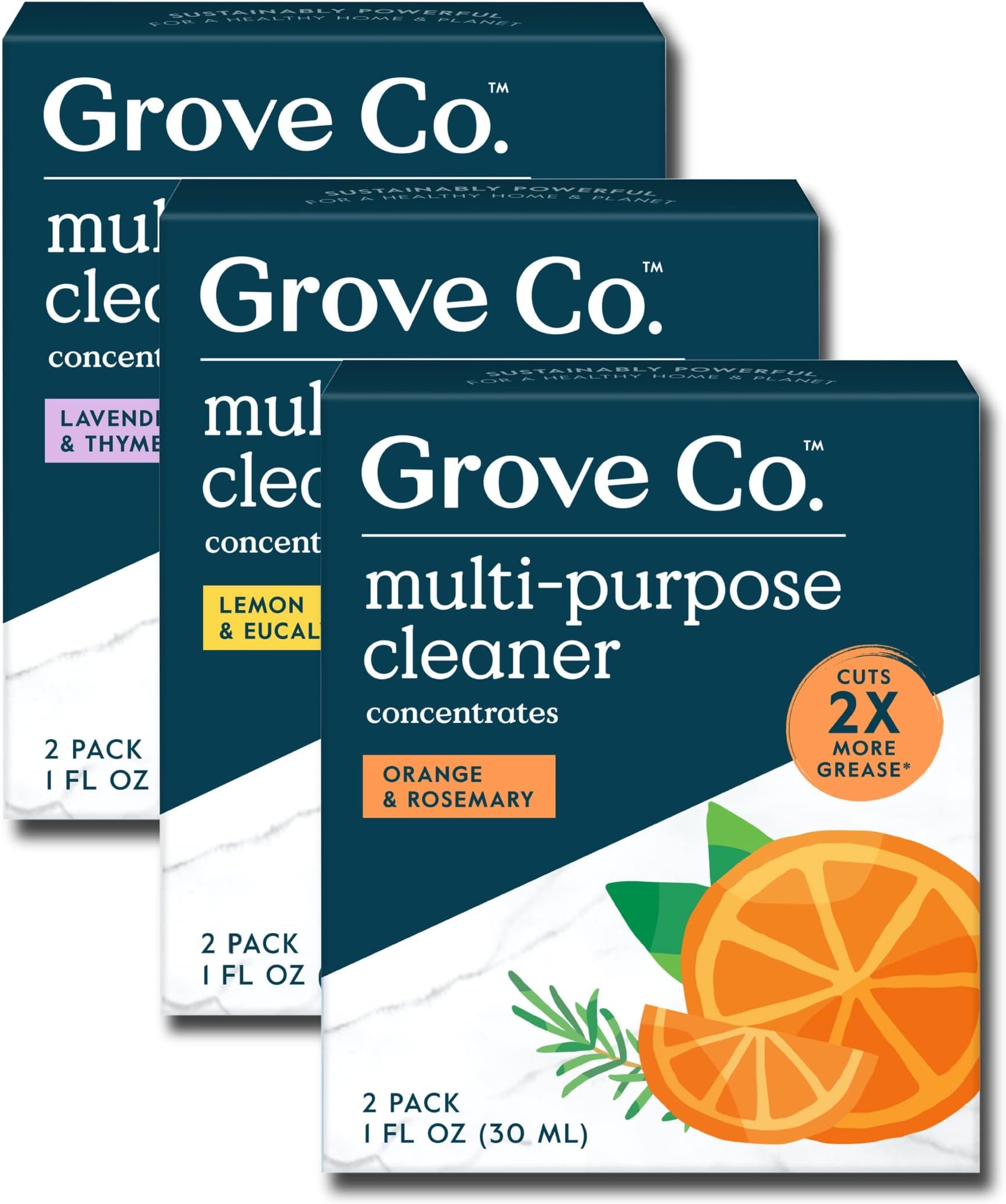 Grove Co. Multi-Purpose Cleaner, Refill Concentrate (6 x 1 Fl Oz) Plant-based Household Cleaning Supplies, Ammonia & Chlorine Free, No Plastic Waste, 3 Scent Variety Pack, Total 3 x 2 Pack Refills