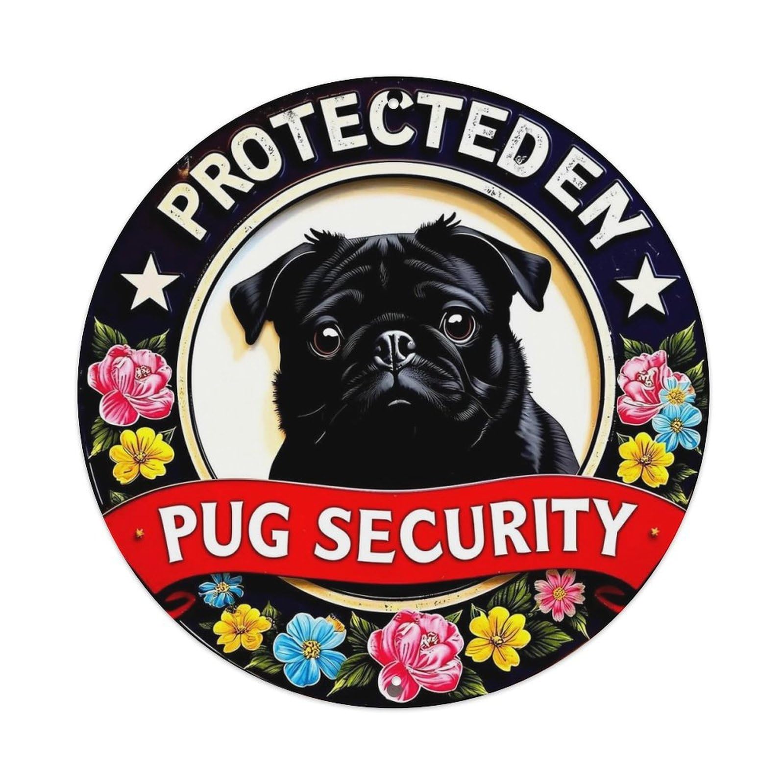 Jdyansheng Vintage Protected En Pug Security Badge Tin Sign Metal Poster Metal Signs For Home Man Cave Bar Cafe Kitchen Laundry Room Wall Decorations 8X8 Inches