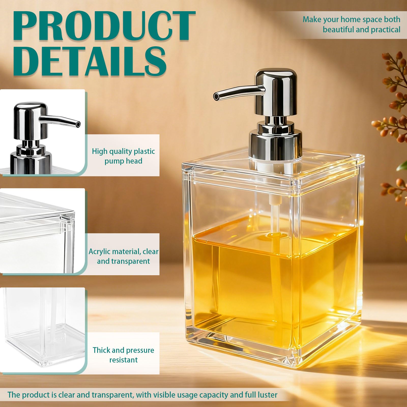 Dispensador de jabón acrílico transparente, dispensador de jabón de manos grueso moderno de 500 ml para baño, plato de cocina, botella de bomba de líquido para enjuague bucal, loción y champú