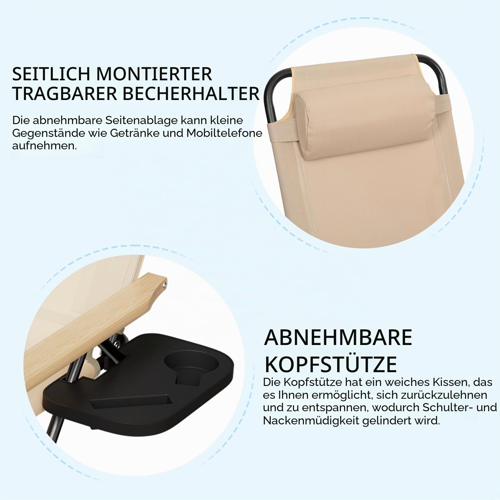 Strandliege Klappbar Leicht, Gartenliege Wetterfest ,Sonnenliege mit Rstellbarer Rückenlehne, Nackenkissen und Getränkehalter, Liegestuhl Für Balkon, Garten, Pool und Strand (Beige mit Baldachin)