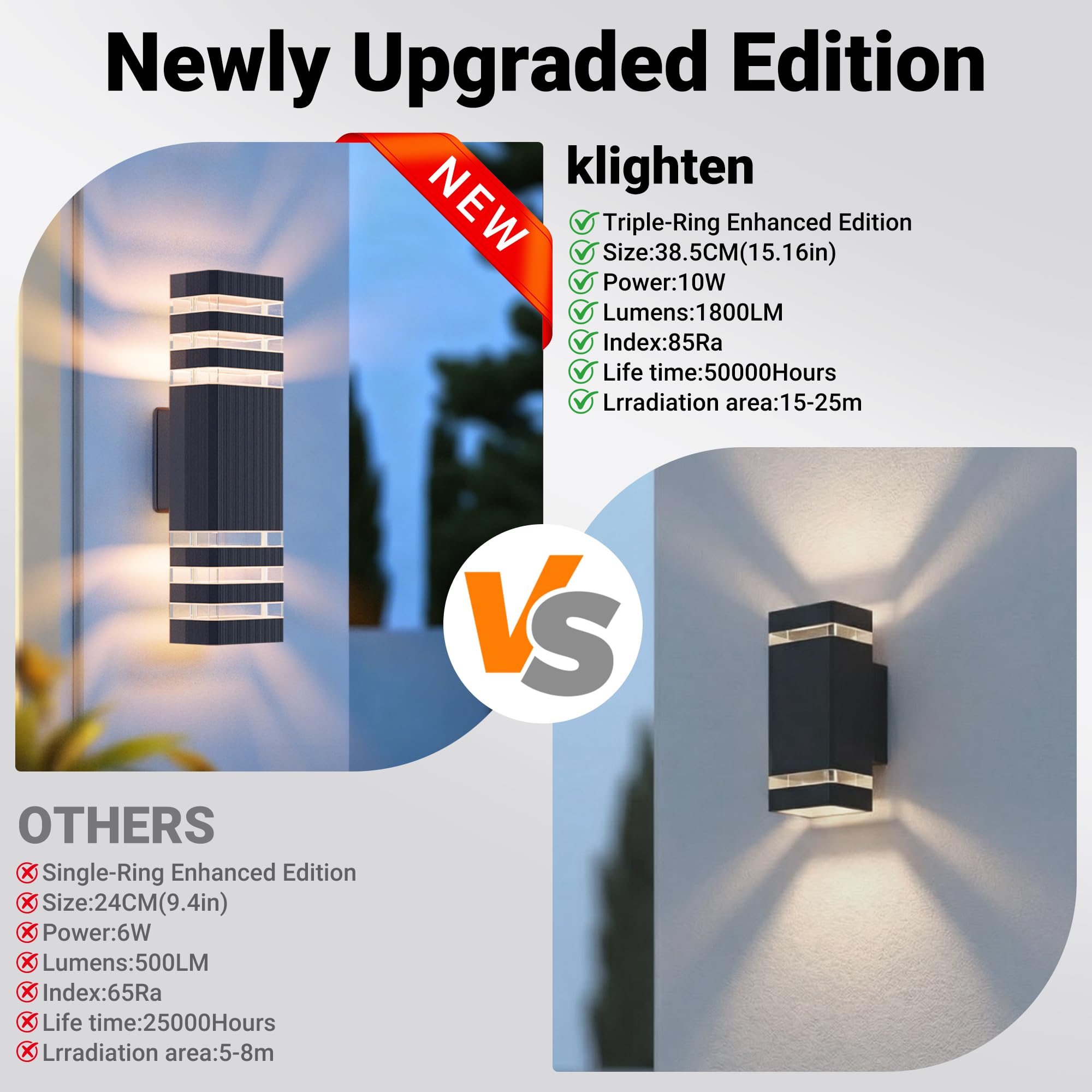 Klighten 2PCS Außenlampe Aussenlampe Wand,IP65 Außenleuchte Außenwandleuchte GU10 Up Down 3000K,LED Wandleuchte Wandlampe aussen -Aussenleuchte Außenbeleuchtung Garage & Korridor|Anthrazit