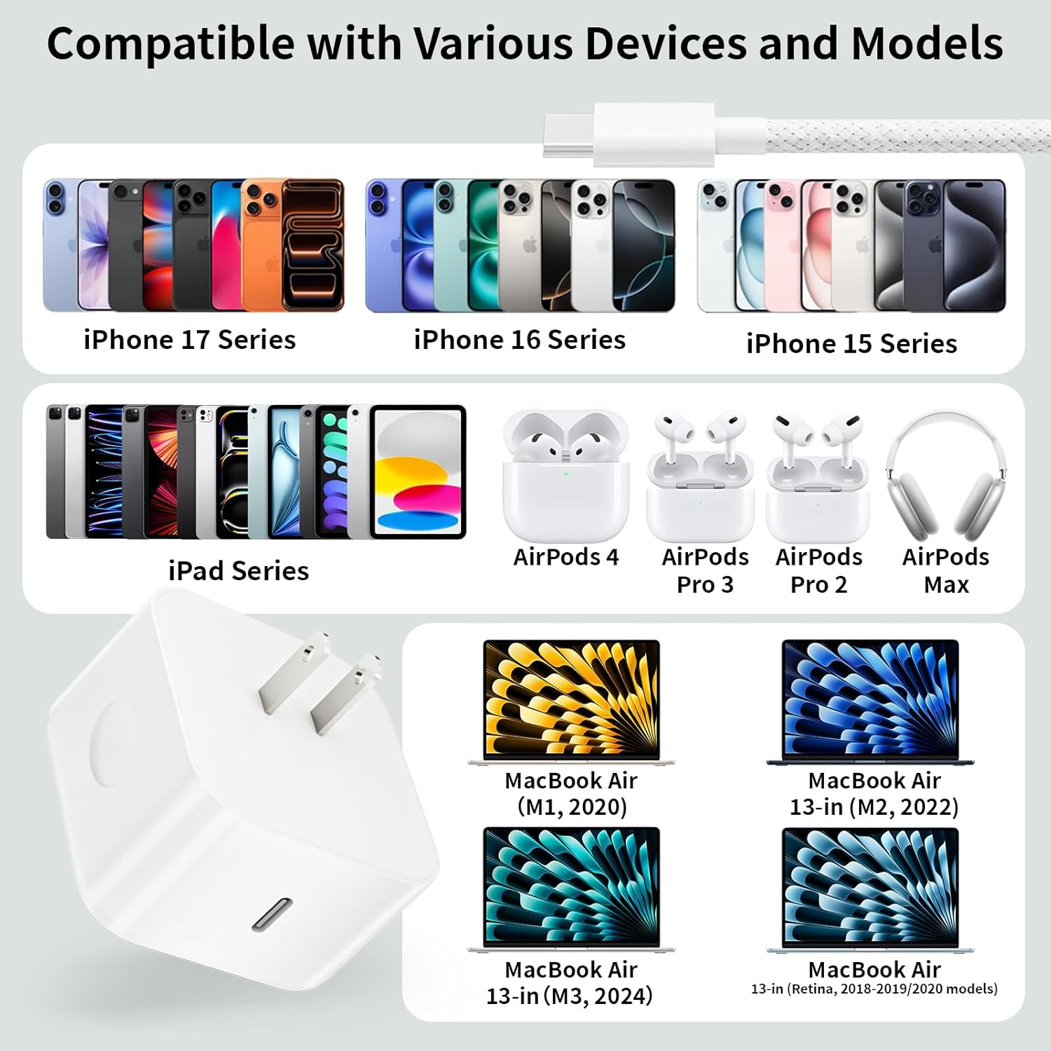 iPhone Charger Fast Charging,1-Pack 40W iPhone 17 Charger with 60W Max Foldable Plug & 10 FT Braided Long USB C Cable Cord Compatible with i Phone 17/17 Pro/16 Pro/16/16 e/16 Plus/15/iPad Air/MacBook