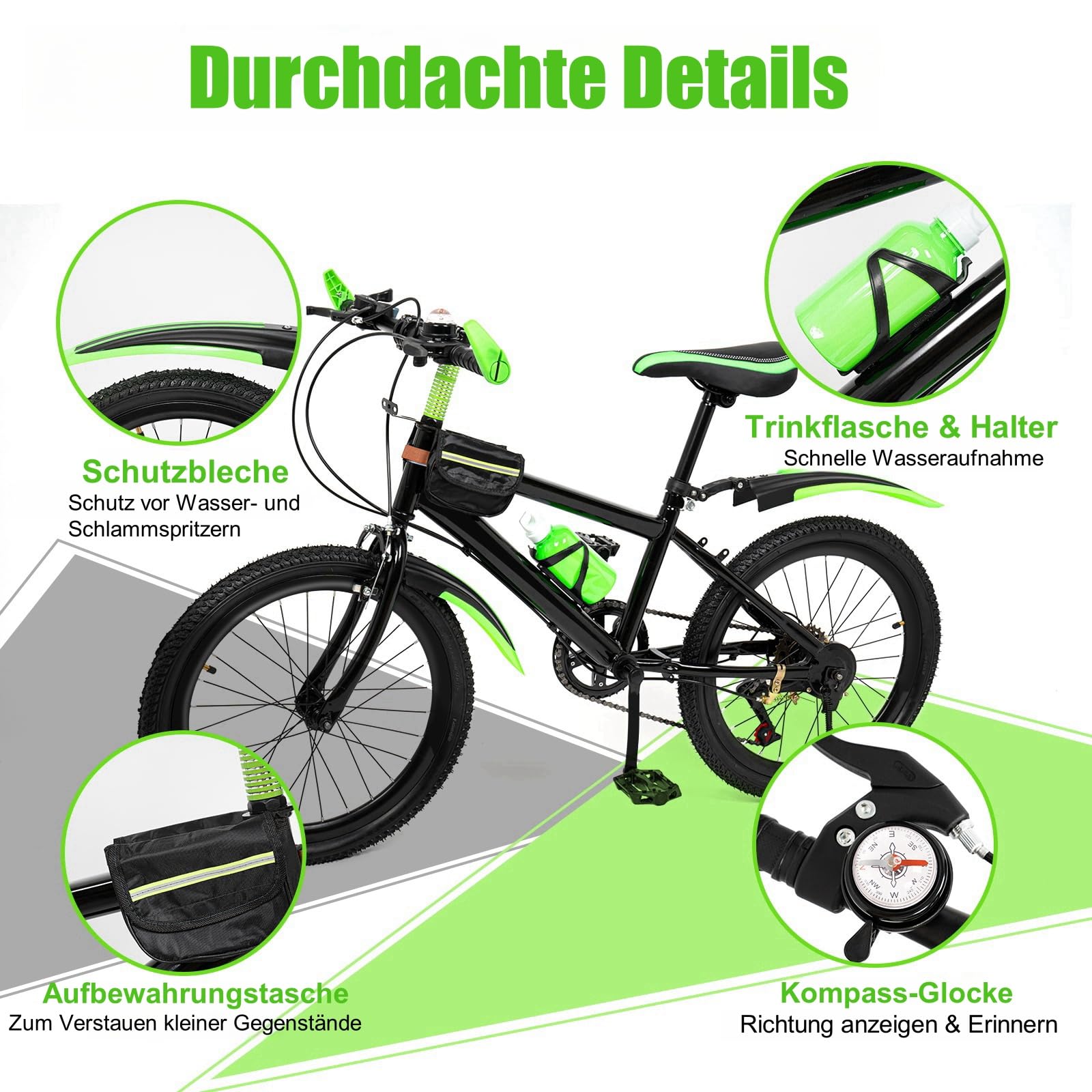 Mountain bike da 20 pollici, bicicletta per bambini, per ragazzi e ragazze, mountain bike a 7 marce, con parafango, bottiglia d'acqua, campana bussola, portata 85 kg, da 8 a 13 anni
