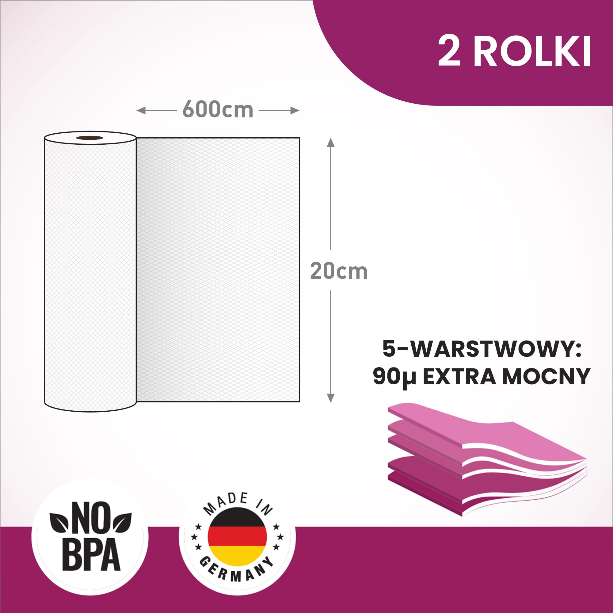 culivac 2 rolki folii 20 x 600 cm, rolki próżniowe Pro do zgrzewarki próżniowej, zgrzewarki próżniowej, nie zawiera BPA, folia próżniowa, rolka, worki foliowe