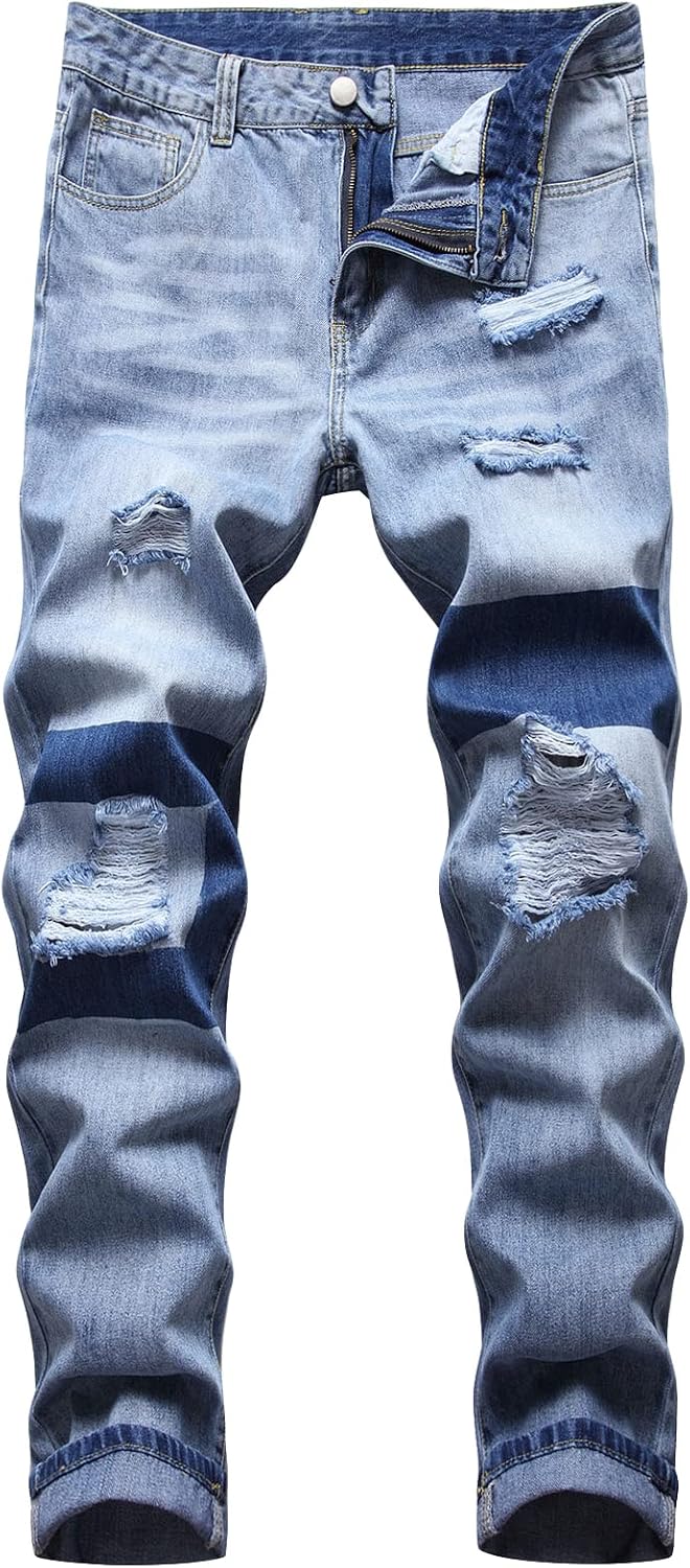 DGHM-JLMY Men's Ripped Straight Slim Jeans Skinny Stretch Distressed Destroyed Jeans Straight Leg Fashion Denim Pants