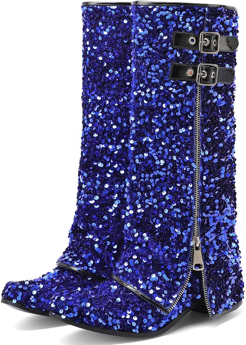 Sequined Glitter Padlock Knee High Boots Chunky Heels Sparkly Wide Calf Boots for Women