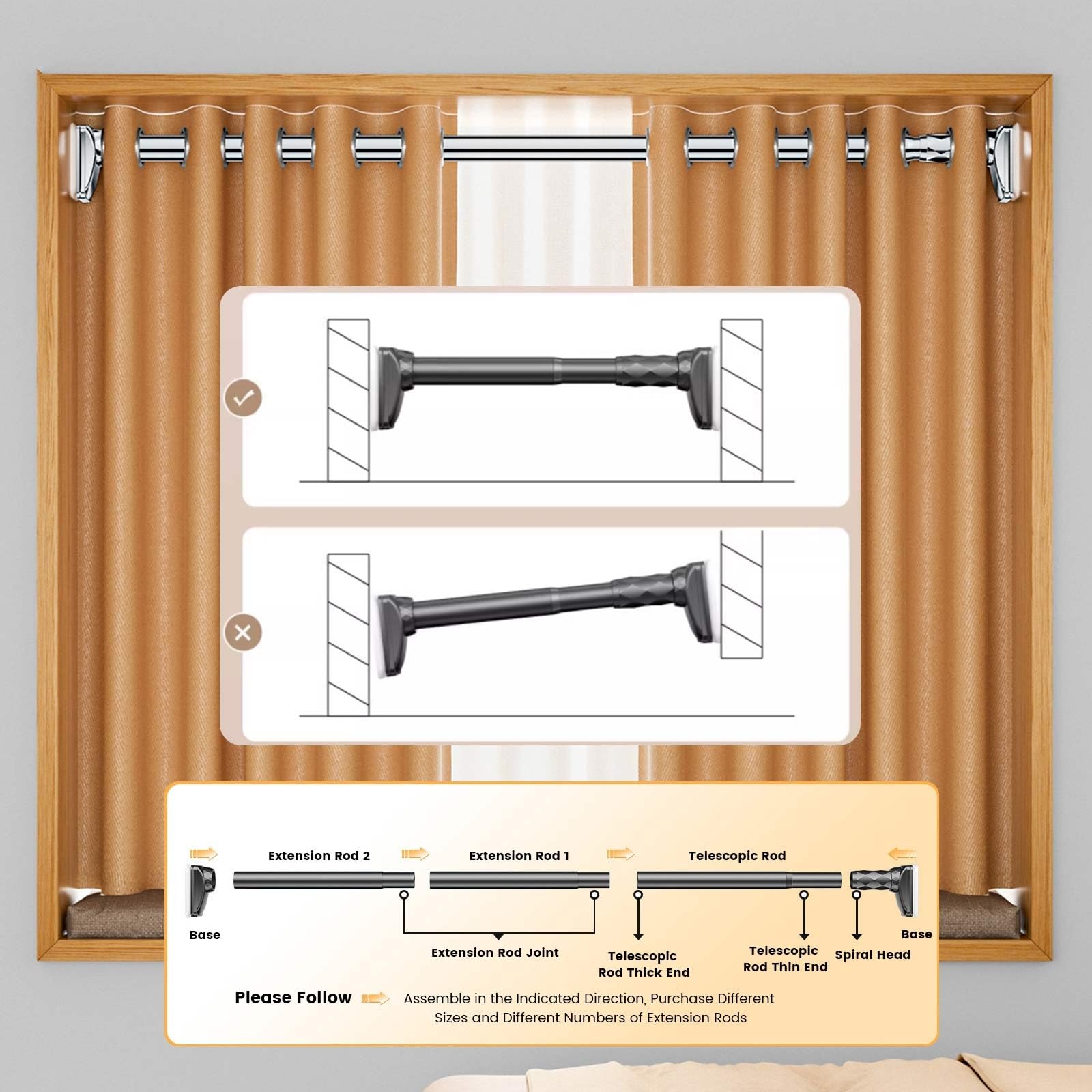 Barra telescópica de acero inoxidable para cortina de ducha, barra extensible sin taladro, para patios y armarios