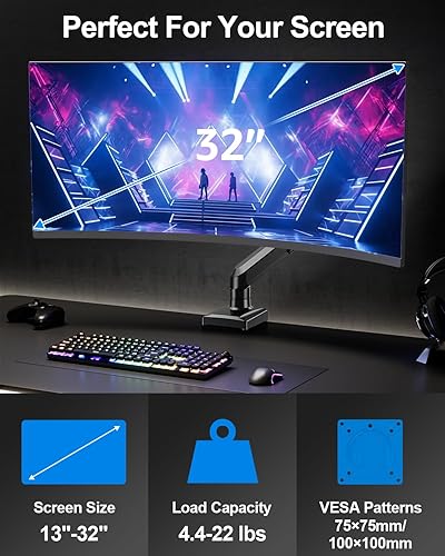 Miniatura 4 de Brazo de montaje para monitor único, se adapta a 17-32 pulgadas, soporta 4.4-22 libras, movimiento completo, VESA 75x75100x100, soporte de