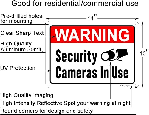 Miniatura 2 de Joffreg Señal de advertencia de cámaras de seguridad en uso, 14 x 10 pulgadas, aluminio reflectante, impresión UV, resistente a la intemperie,