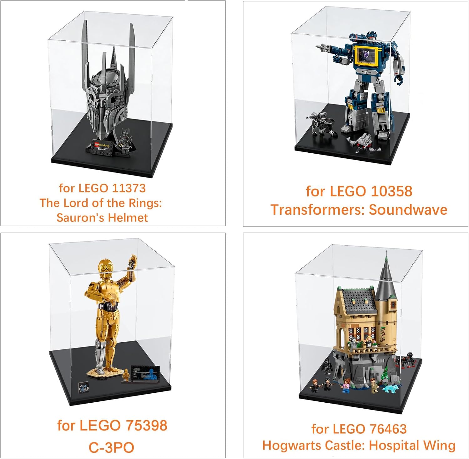3MM Clear Acrylic Display Case Transparent for Lego 43020 FIFA World Cup Trophy for 11373 Sauron's Helmet for 75398 C-3PO 21349 21376 Cat 11384 10323 10358 77072 43230 76463 76467 Black 9.8x9.8x15.7in