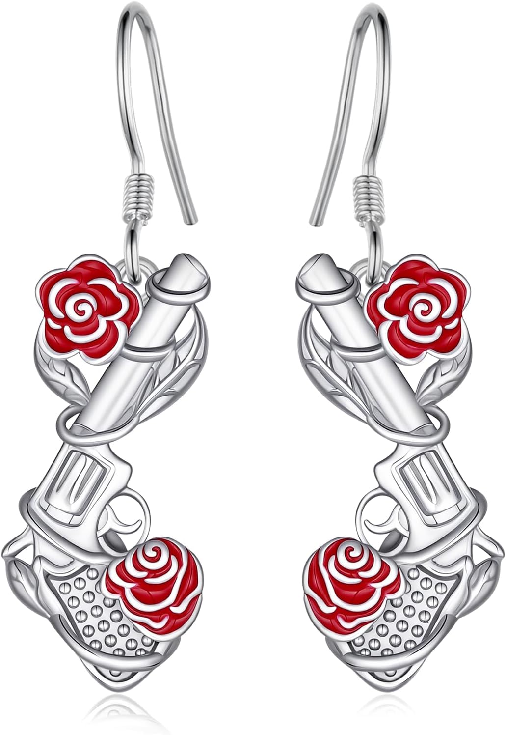 Guns and Roses Earrings 925 Sterling Silver Gun Earrings Guns n Roses Jewelry Floral Handgun Design Dangle Earrings for Women