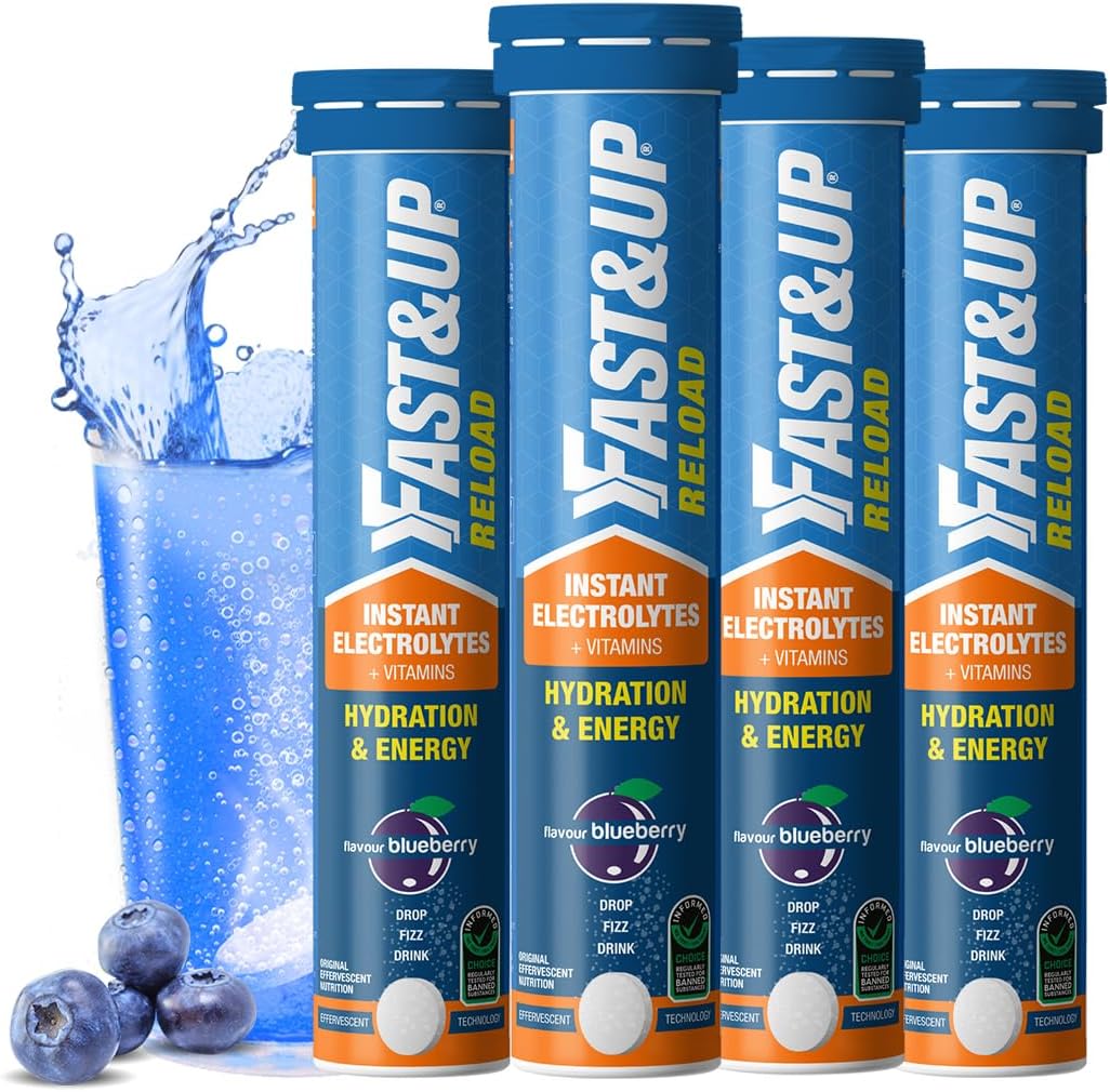 Fast&Up Reload (20 Litres) Low Sugar energy drink for Instant Hydration - 80 Effervescent Tablets with all 5 Essential Electrolytes + Added Vitamins - Certified Electrolytes Drink - Blueberry flavour